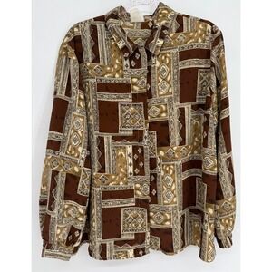 Nikki Vintage Brown Geometric Patchwork Button Up Blouse Womens Style Sz 18
